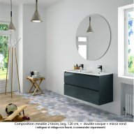 Ensemble meuble de salle de bain Oxford 120 cm basalte brillant, plan double vasque marbre reconstitué, 2 tiroirs , miroir rond