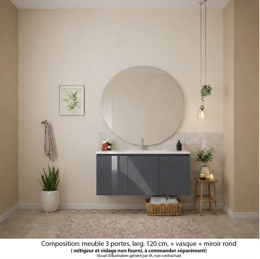 Ensemble meuble de salle de bain Oxford 120 cm basalte brillant, plan vasque céramique,  3 portes , miroir rond