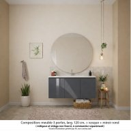 Ensemble meuble de salle de bain Oxford 120 cm basalte brillant, plan vasque céramique, 3 portes , miroir rond