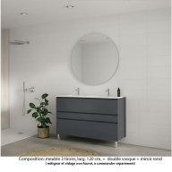 Ensemble meuble de salle de bain Oxford 120 cm basalte brillant, plan double vasque céramique, 3 tiroirs , miroir rond