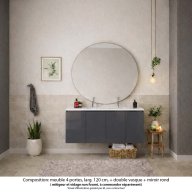 Ensemble meuble de salle de bain Oxford 140 cm basalte brillant, plan vasque céramique, 4 portes , miroir rond