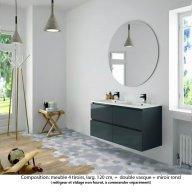 Ensemble meuble de salle de bain Oxford 140 cm basalte brillant, plan double double vasque marbre reconstitué, 4 tiroirs , miroir rond