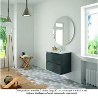 Ensemble meuble de salle de bain Oxford 80 cm basalte brillant, plan vasque marbre reconstitué, 2 tiroirs , miroir rond
