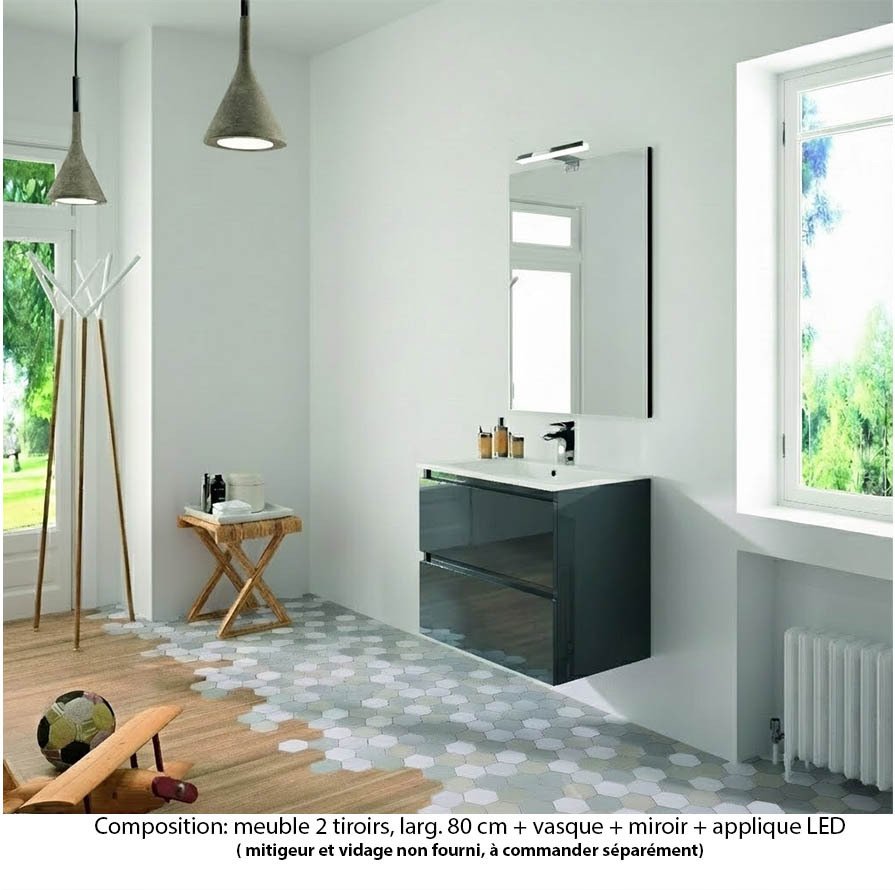 Ensemble meuble de salle de bain Oxford 80 cm basalte brillant, plan vasque marbre reconstitué,  2 tiroirs , miroir haut. 60 cm avec applique