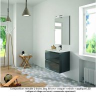 Ensemble meuble de salle de bain Oxford 80 cm basalte brillant, plan vasque céramique, 2 tiroirs , miroir haut. 60 cm avec applique