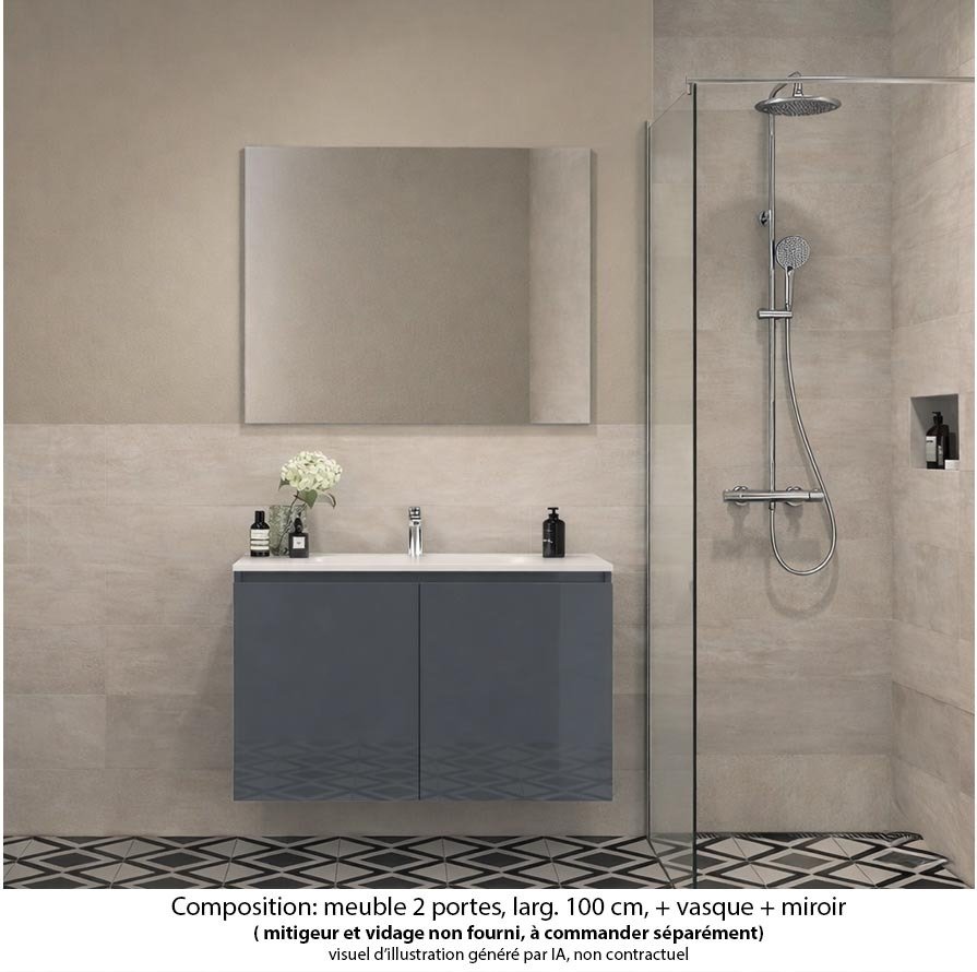 Ensemble meuble de salle de bain Oxford 60 cm basalte brillant, plan vasque marbre reconstitué,  2 portes , miroir haut. 60 cm