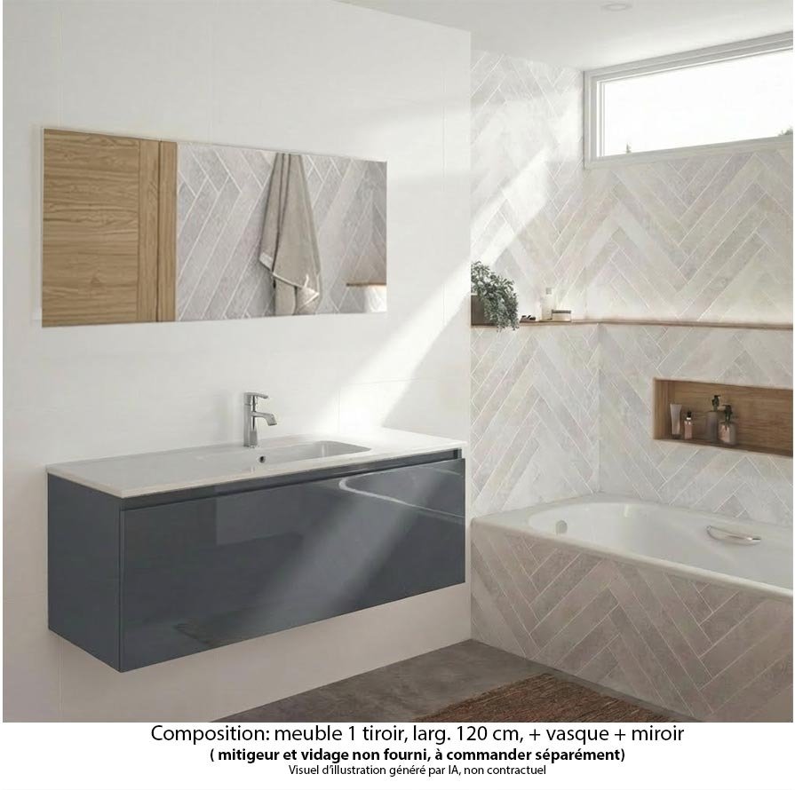 Ensemble meuble de salle de bain Oxford 120 cm basalte brillant, plan vasque marbre reconstitué,  1 tiroir , miroir haut. 60 cm