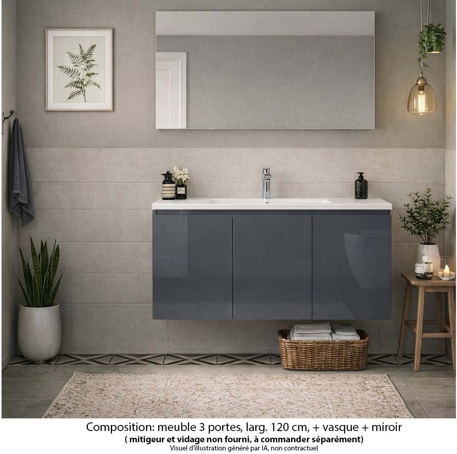 Ensemble meuble de salle de bain Oxford 120 cm basalte brillant, plan vasque céramique,  3 portes , miroir haut. 60 cm