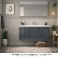 Ensemble meuble de salle de bain Oxford 120 cm basalte brillant, plan vasque céramique, 3 portes , miroir haut. 60 cm