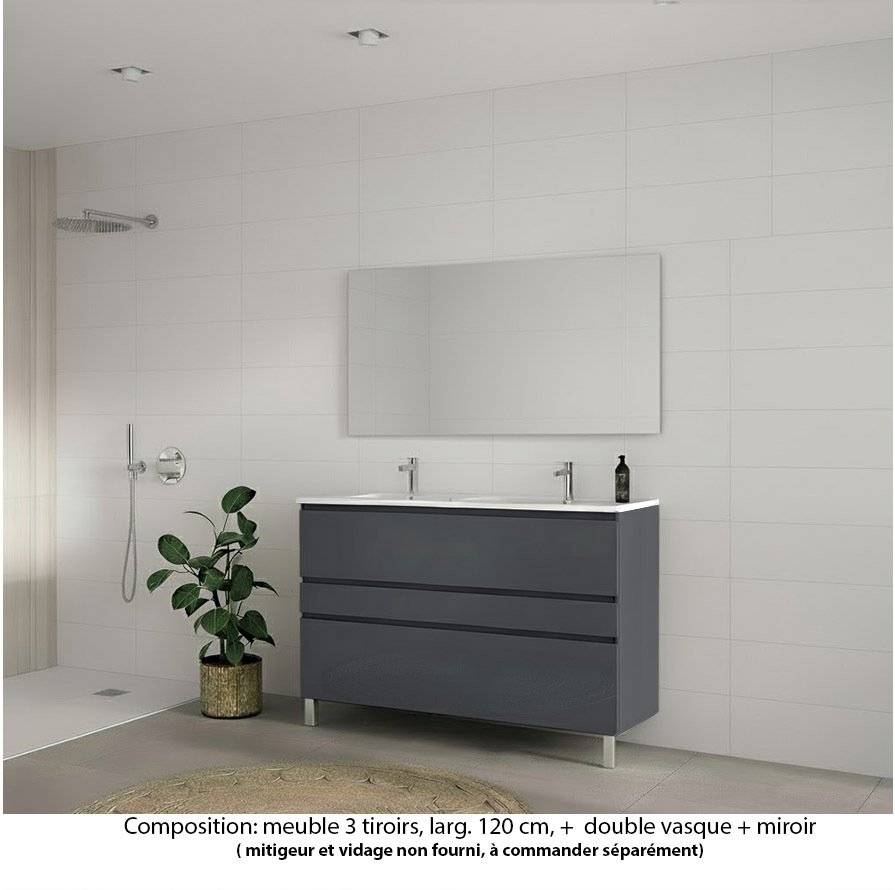 Ensemble meuble de salle de bain Oxford 120 cm basalte brillant, plan double vasque marbre reconstitué,  3 tiroirs , miroir haut. 60 cm