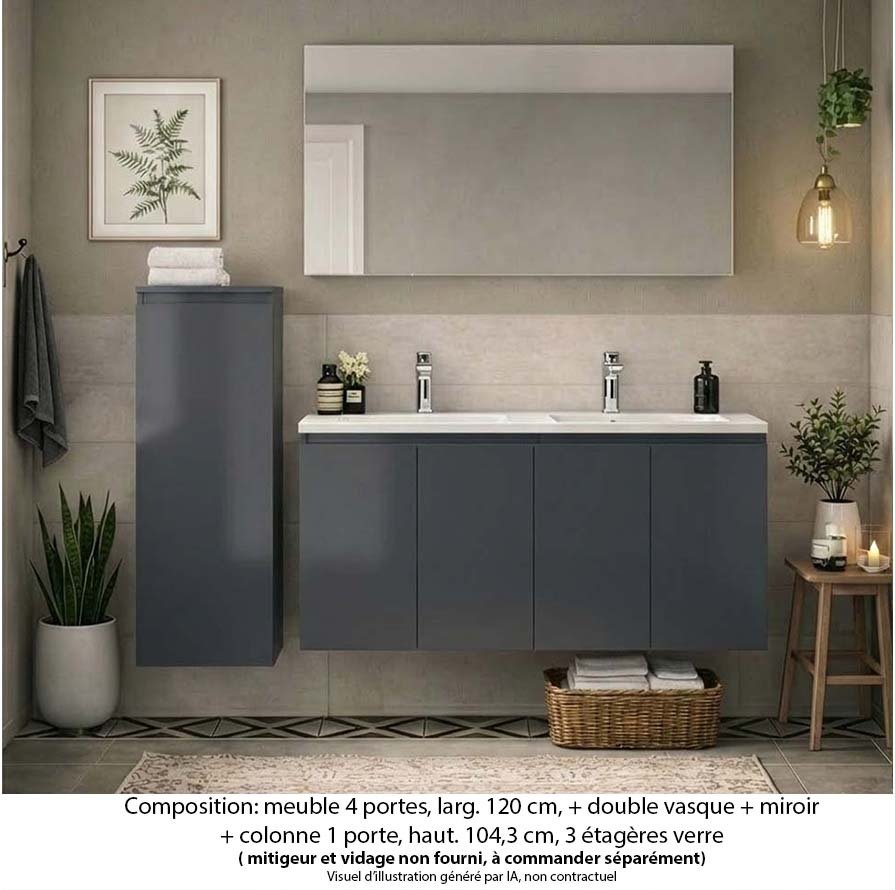 Ensemble meuble de salle de bain Oxford 120 cm basalte brillant, plan vasque marbre reconstitué,  4 portes , miroir haut. 60 cm