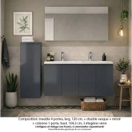 Ensemble meuble de salle de bain Oxford 140 cm basalte brillant, plan vasque céramique, 4 portes , miroir haut. 60 cm