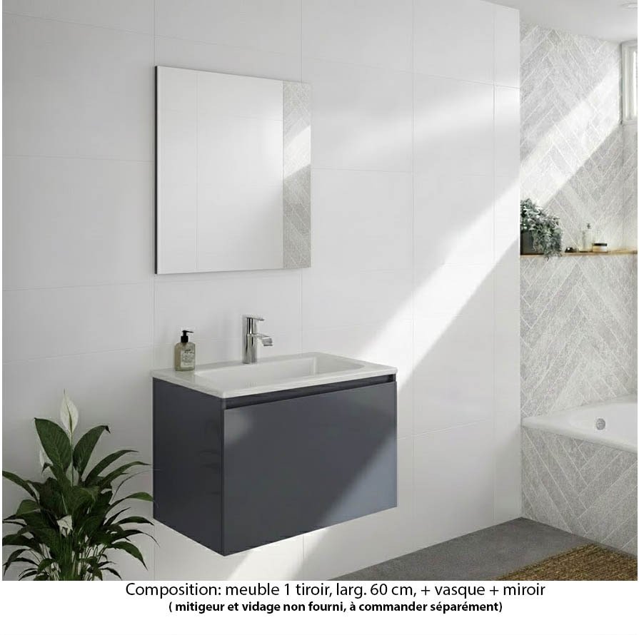 Ensemble meuble de salle de bain Oxford 60 cm basalte brillant, plan vasque marbre reconstitué,  1 tiroir , miroir haut. 60 cm