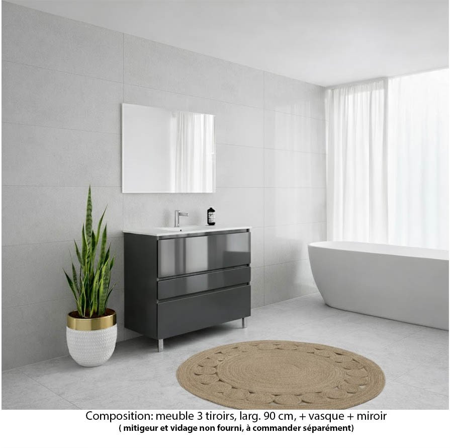 Ensemble meuble de salle de bain Oxford 80 cm basalte brillant, plan vasque marbre reconstitué,  3 tiroirs , miroir haut. 60 cm