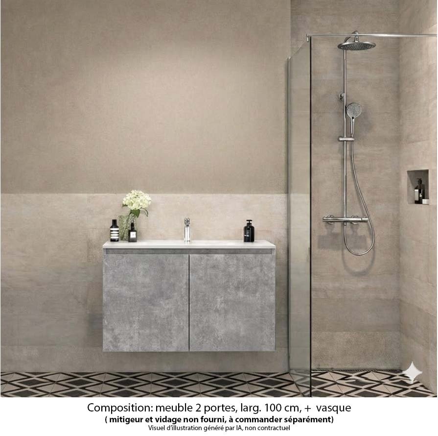 Ensemble meuble de salle de bain Oxford 60 cm béton Bellato, plan vasque marbre reconstitué,  2 portes