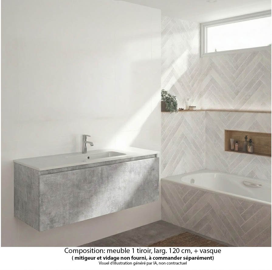 Ensemble meuble de salle de bain Oxford 120 cm béton Bellato, vasque marbre reconstitué,  1 tiroir