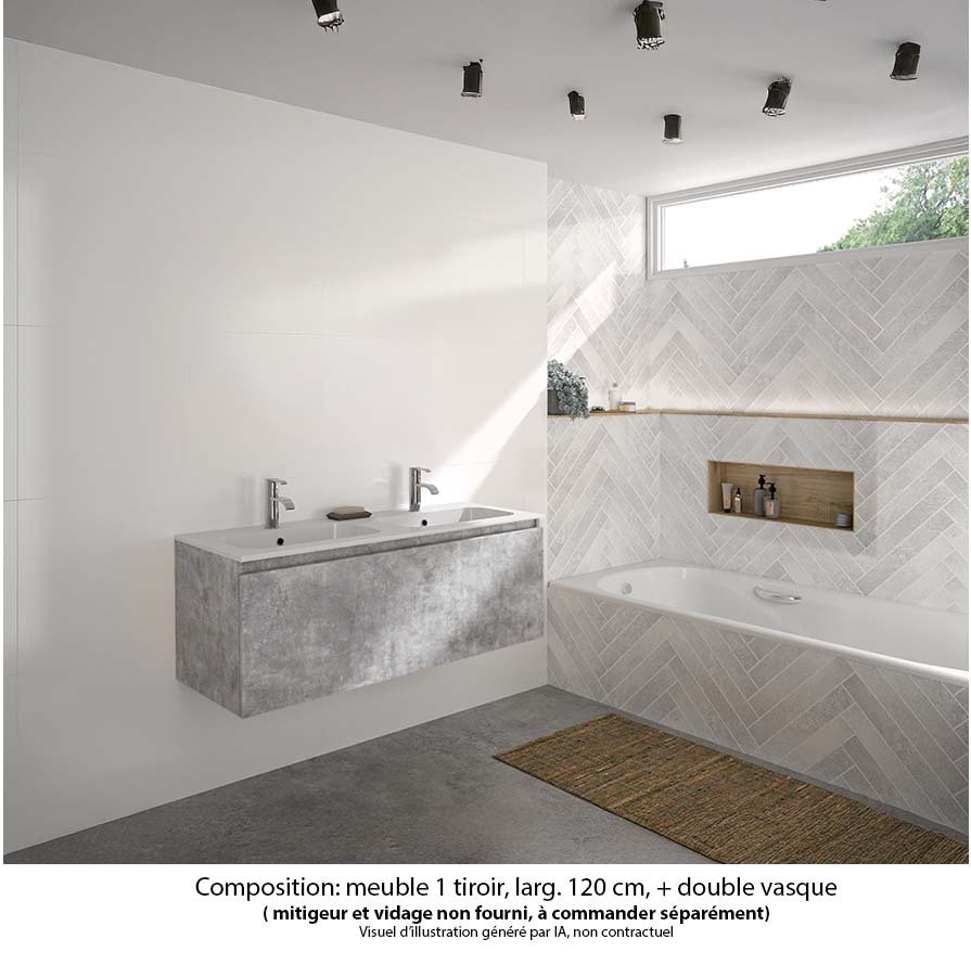 Ensemble meuble de salle de bain Oxford 120 cm béton Bellato, plan double vasque marbre reconstitué,  1 tiroir