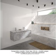 Ensemble meuble de salle de bain Oxford 120 cm béton Bellato, plan double vasque marbre reconstitué, 1 tiroir