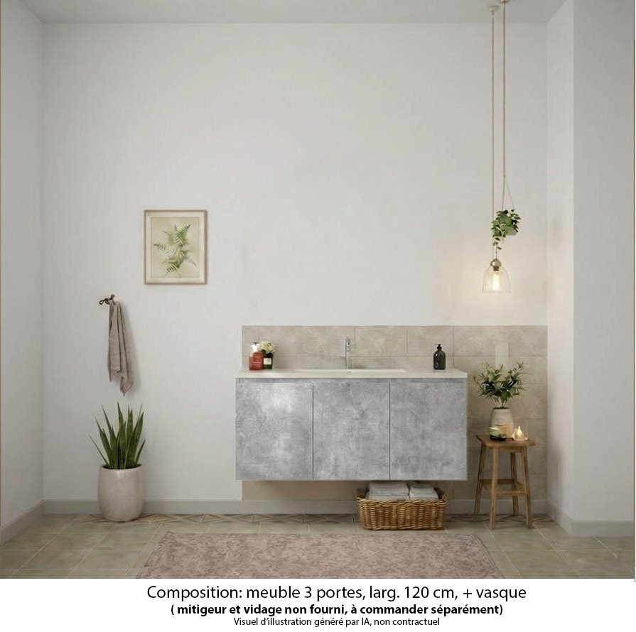 Ensemble meuble de salle de bain Oxford 120 cm béton Bellato, plan vasque céramique,  3 portes