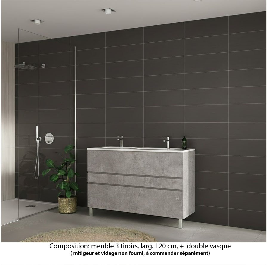 Ensemble meuble de salle de bain Oxford 120 cm béton Bellato, plan double vasque marbre reconstitué,  3 tiroirs