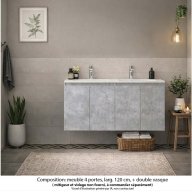 Ensemble meuble de salle de bain Oxford 140 cm béton Bellato, plan vasque marbre reconstitué, 4 portes