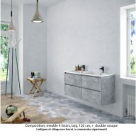 Ensemble meuble de salle de bain Oxford 140 cm béton Bellato, plan double double vasque marbre reconstitué, 4 tiroirs