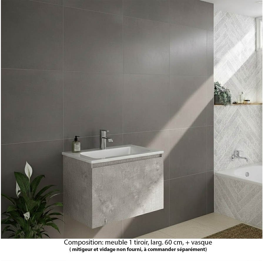 Ensemble meuble de salle de bain Oxford 60 cm béton Bellato, plan vasque marbre reconstitué,  1 tiroir