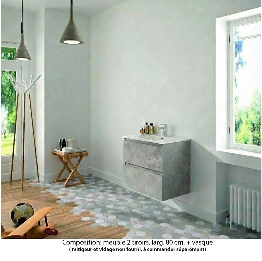 Ensemble meuble de salle de bain Oxford 80 cm béton Bellato, plan vasque marbre reconstitué,  2 tiroirs