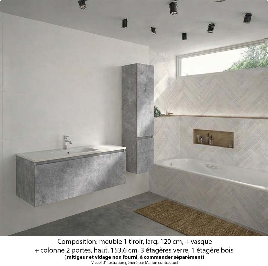 Ensemble meuble de salle de bain Oxford 120 cm béton Bellato, plan vasque marbre reconstitué,  1 tiroir + colonne P. 35 cm x H. 153 cm