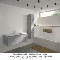 Ensemble meuble de salle de bain Oxford 120 cm béton Bellato, plan vasque marbre reconstitué, 1 tiroir + colonne P. 35 cm x H. 153 cm