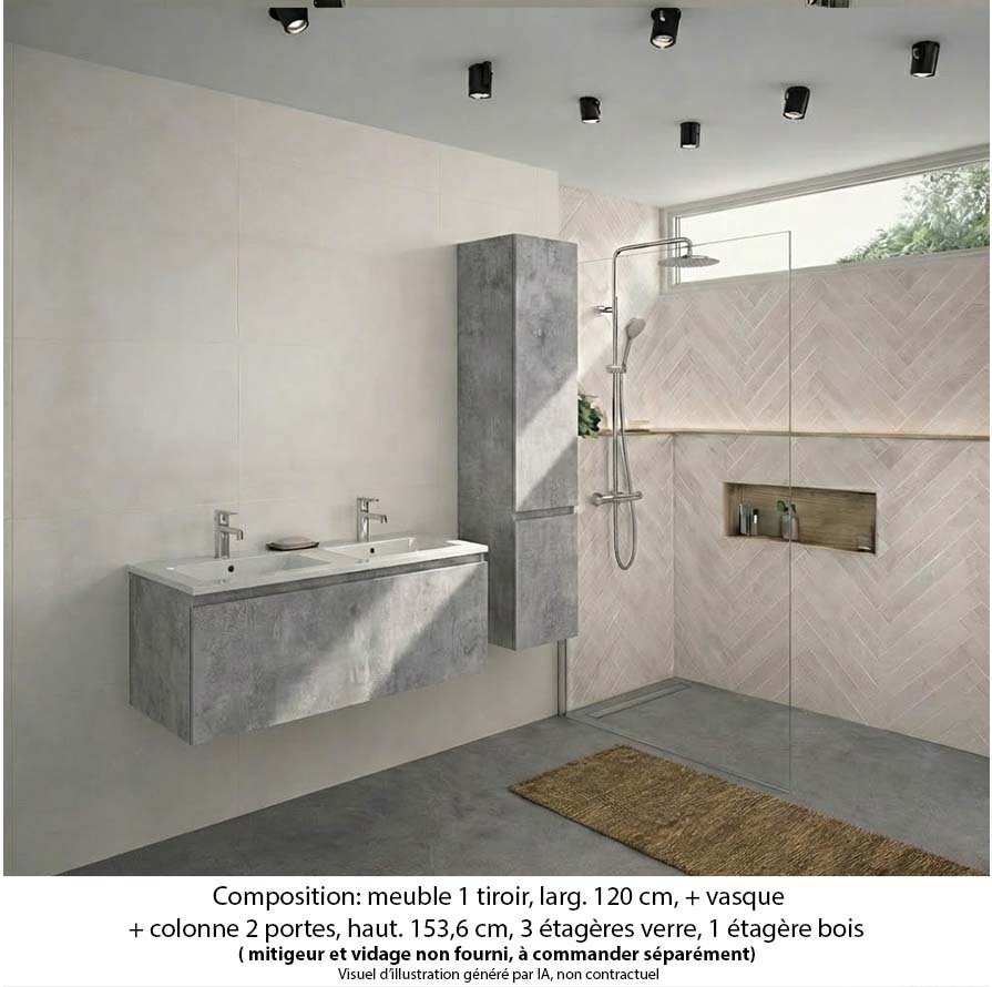 Ensemble meuble de salle de bain Oxford 120 cm béton Bellato, plan double vasque marbre reconstitué,  1 tiroir +colonne P. 35 cm x H. 153 cm