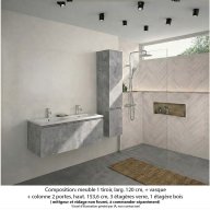 Ensemble meuble de salle de bain Oxford 120 cm béton Bellato, plan double vasque marbre reconstitué, 1 tiroir + colonne P. 35 cm x H. 153 cm