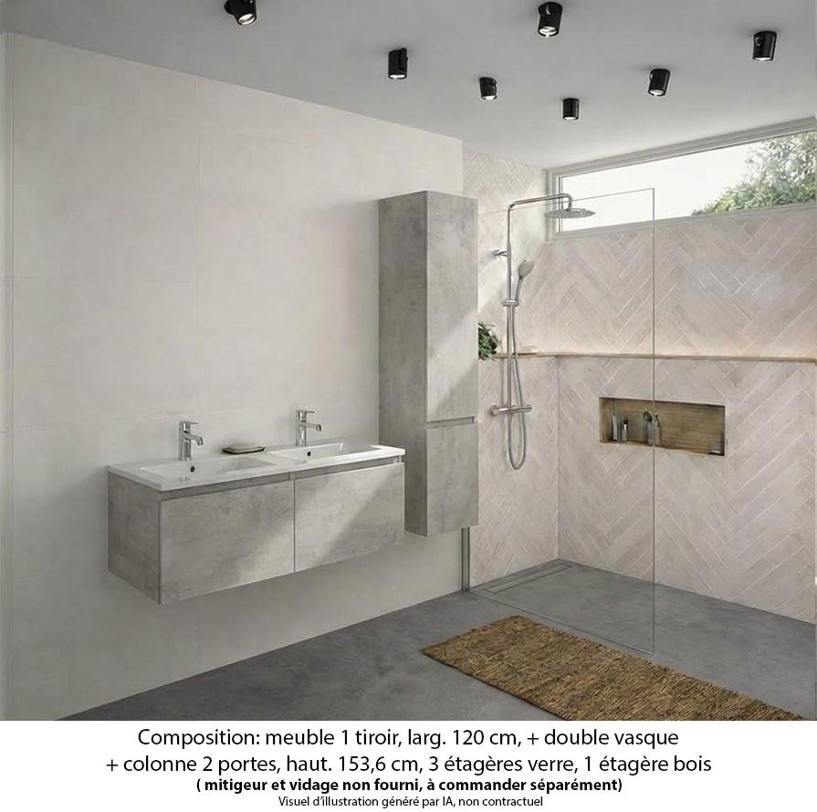 Ensemble meuble de salle de bain Oxford 140 cm béton Bellato, plan double double vasque marbre reconstitué,  2 tiroirs +colonne P. 35 cm x H. 153 cm