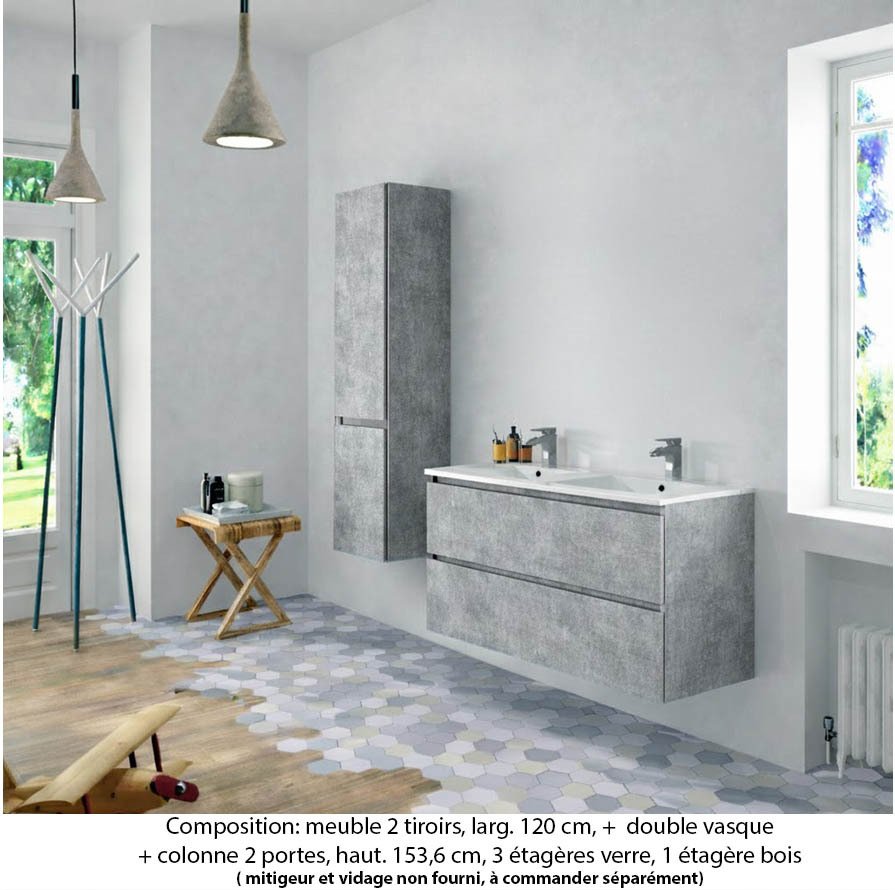 Ensemble meuble de salle de bain Oxford 120 cm béton Bellato, plan double vasque marbre reconstitué,  2 tiroirs +colonne P. 35 cm x H. 153 cm