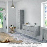 Ensemble meuble de salle de bain Oxford 120 cm béton Bellato, plan double vasque marbre reconstitué, 2 tiroirs + colonne P. 35 cm x H. 153 cm