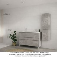 Ensemble meuble de salle de bain Oxford 120 cm béton Bellato, plan double vasque marbre reconstitué, 3 tiroirs + colonne P. 35 cm x H. 153 cm