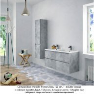 Ensemble meuble de salle de bain Oxford 140 cm béton Bellato, plan double double vasque marbre reconstitué, 4 tiroirs +colonne P. 35 cm x H. 153 cm