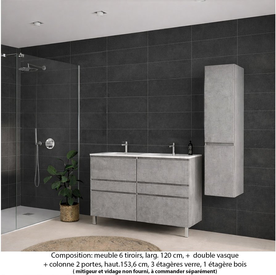 Ensemble meuble de salle de bain Oxford 140 cm béton Bellato, plan double double vasque marbre reconstitué,  caisson double, 6 tiroirs + colonne P. 35 cm x H. 153 cm
