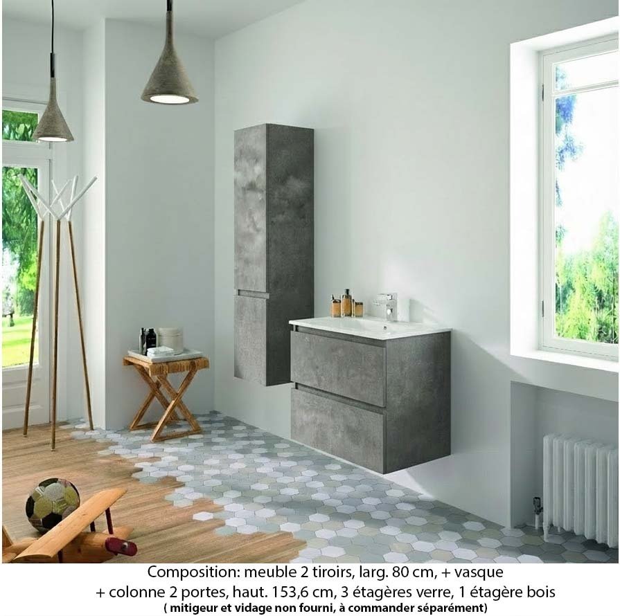 Ensemble meuble de salle de bain Oxford 80 cm béton Bellato, plan vasque marbre reconstitué,  2 tiroirs +colonne (ch. à gauche)