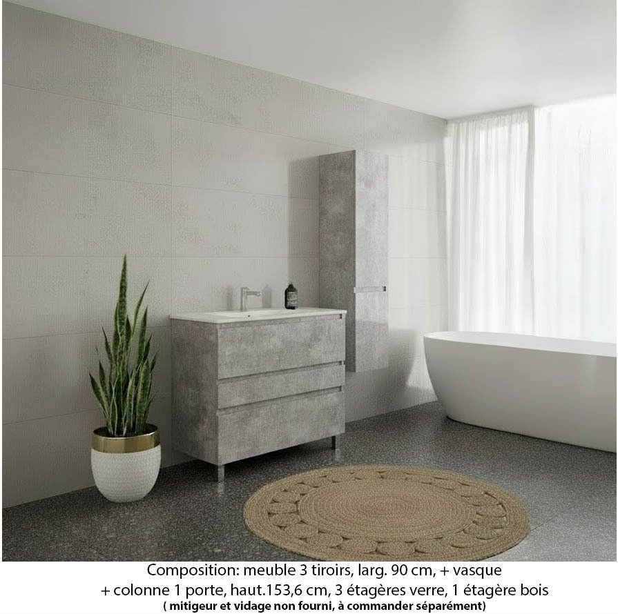 Ensemble meuble de salle de bain Oxford 70 cm béton Bellato, plan vasque marbre reconstitué,  3 tiroirs +colonne P. 35 cm x H. 153 cm