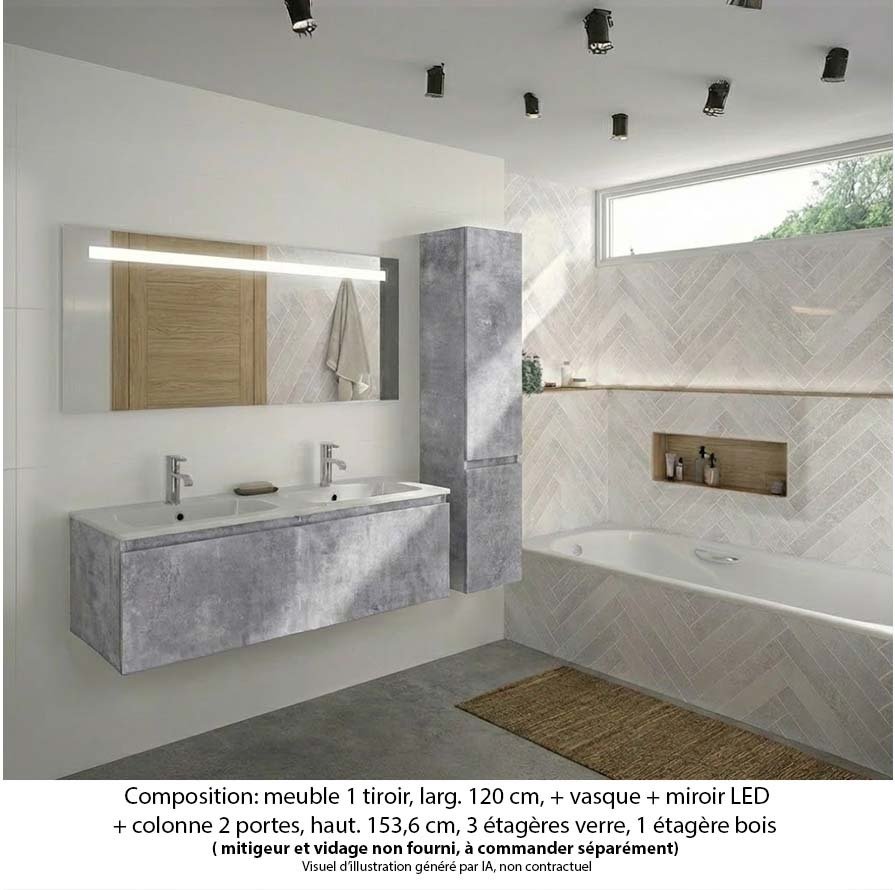 Ensemble meuble de salle de bain Oxford 120 cm béton Bellato, plan double vasque marbre reconstitué,  1 tiroir +colonne P. 35 cm x H. 153 cm  , miroir LED