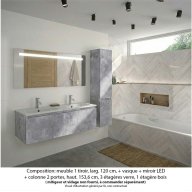 Ensemble meuble de salle de bain Oxford 120 cm béton Bellato, plan double vasque marbre reconstitué, 1 tiroir + colonne P. 35 cm x H. 153 cm , miroir LED
