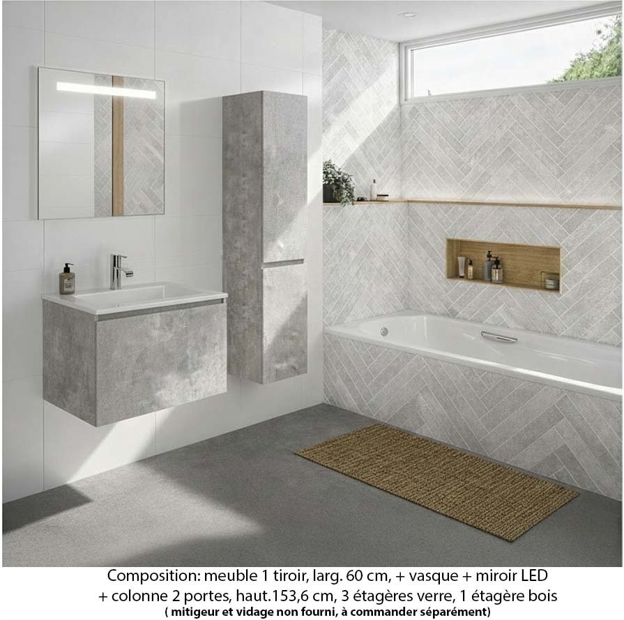 Ensemble meuble de salle de bain Oxford 60 cm béton Bellato, plan vasque marbre reconstitué,  1 tiroir +colonne P. 35 cm x H. 153 cm  , miroir LED