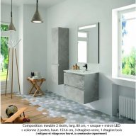 Ensemble meuble de salle de bain Oxford 80 cm béton Bellato, plan vasque céramique, 2 tiroirs +colonne (ch. à gauche) , miroir LED