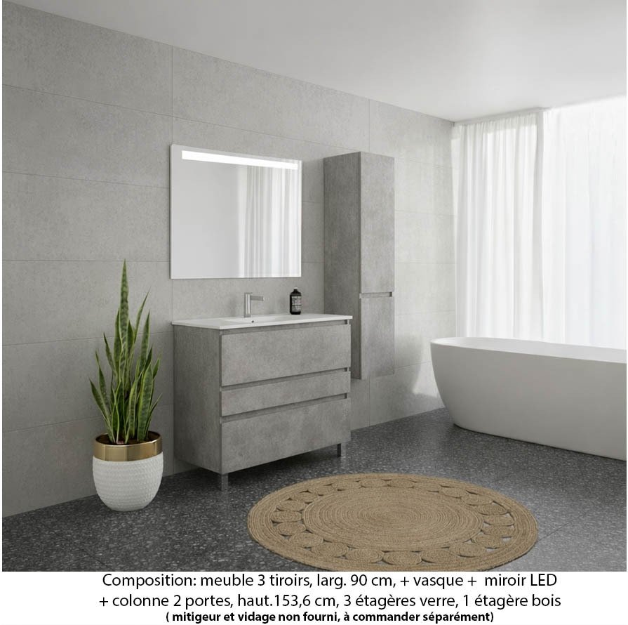 Ensemble meuble de salle de bain Oxford 90 cm béton Bellato, plan vasque marbre reconstitué,  3 tiroirs + colonne P. 35 cm x H. 153 cm  , miroir LED