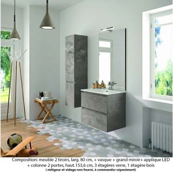 Vignette Ensemble meuble de salle de bain Oxford 80 cm béton bellato, plan vasque céramique, 2 tiroirs , miroir plan , applique , colonne (ch. à droite)