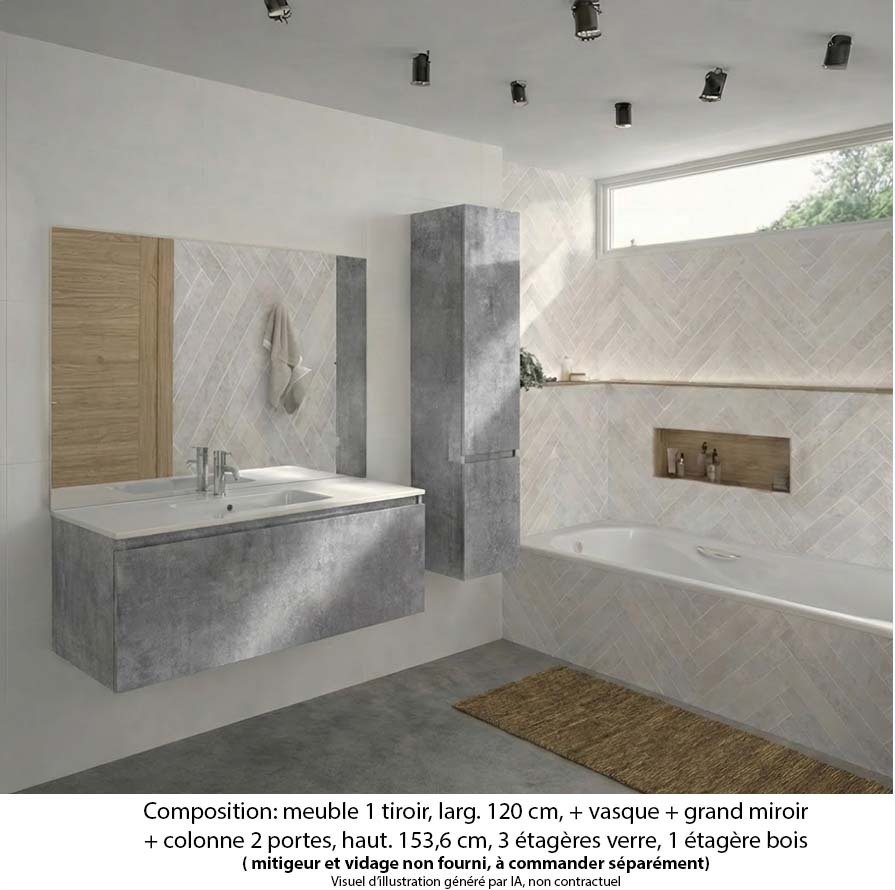 Ensemble meuble de salle de bain Oxford 120 cm béton bellato, plan vasque marbre reconstitué, 1 tiroir , miroir plan , colonne P. 35 cm x H. 153 cm