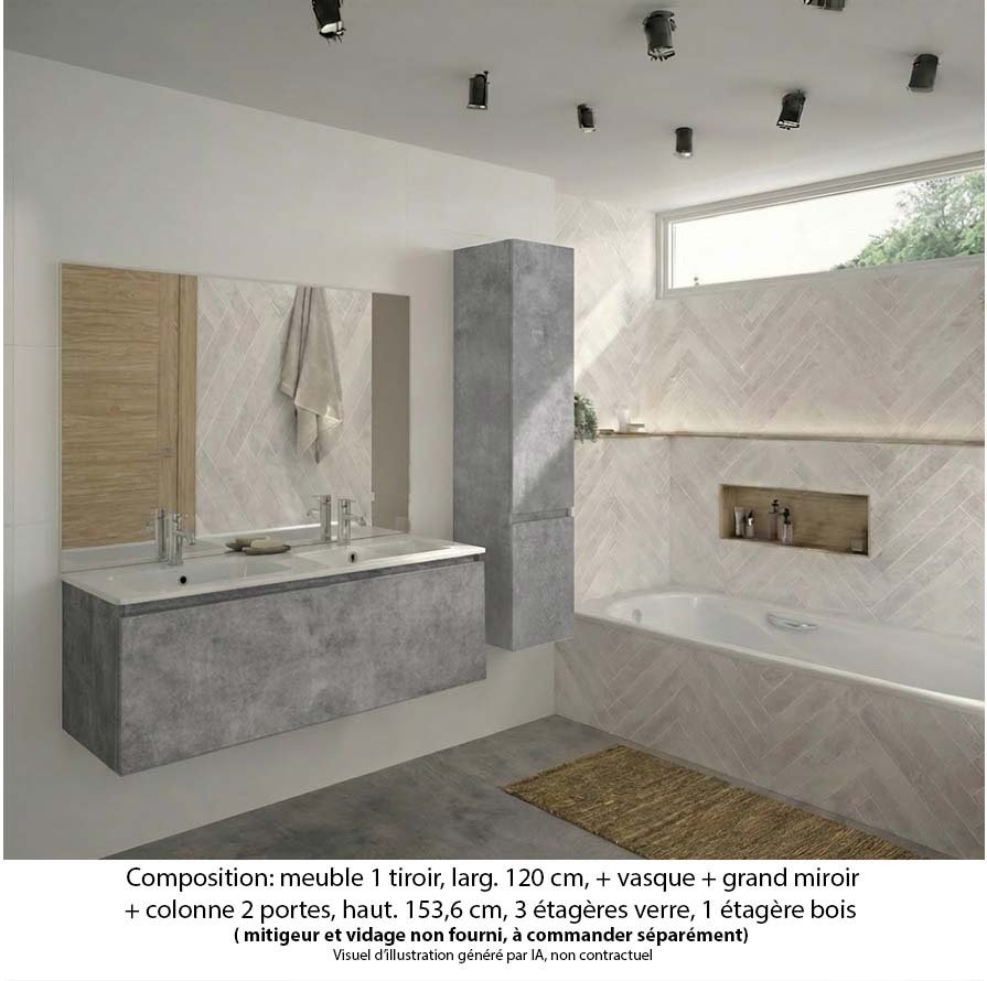 Ensemble meuble de salle de bain Oxford 120 cm béton bellato, plan double vasque marbre reconstitué, 1 tiroir , miroir plan , colonne P. 35 cm x H. 153 cm