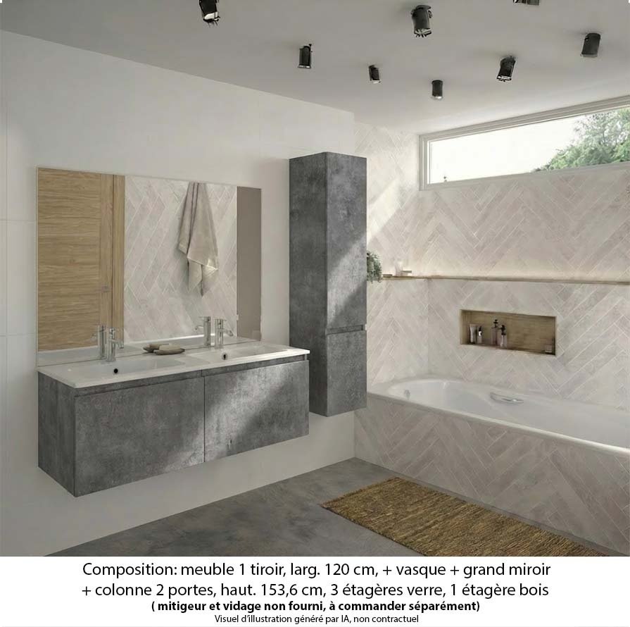 Ensemble meuble de salle de bain Oxford 140 cm béton bellato, plan double double vasque marbre reconstitué, 2 tiroirs , miroir plan , colonne P. 35 cm x H. 153 cm