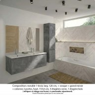 Ensemble meuble de salle de bain Oxford 120 cm béton bellato, plan double vasque marbre reconstitué, 2 tiroirs , miroir plan , colonne P. 35 cm x H. 153 cm